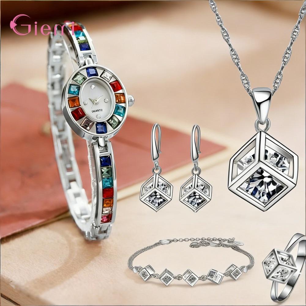 Best Jewelry Watches For Women - Hübsches 925er Sterlingsilber-Set mit geometrischem Kristall-Zirkon-Halsketten-