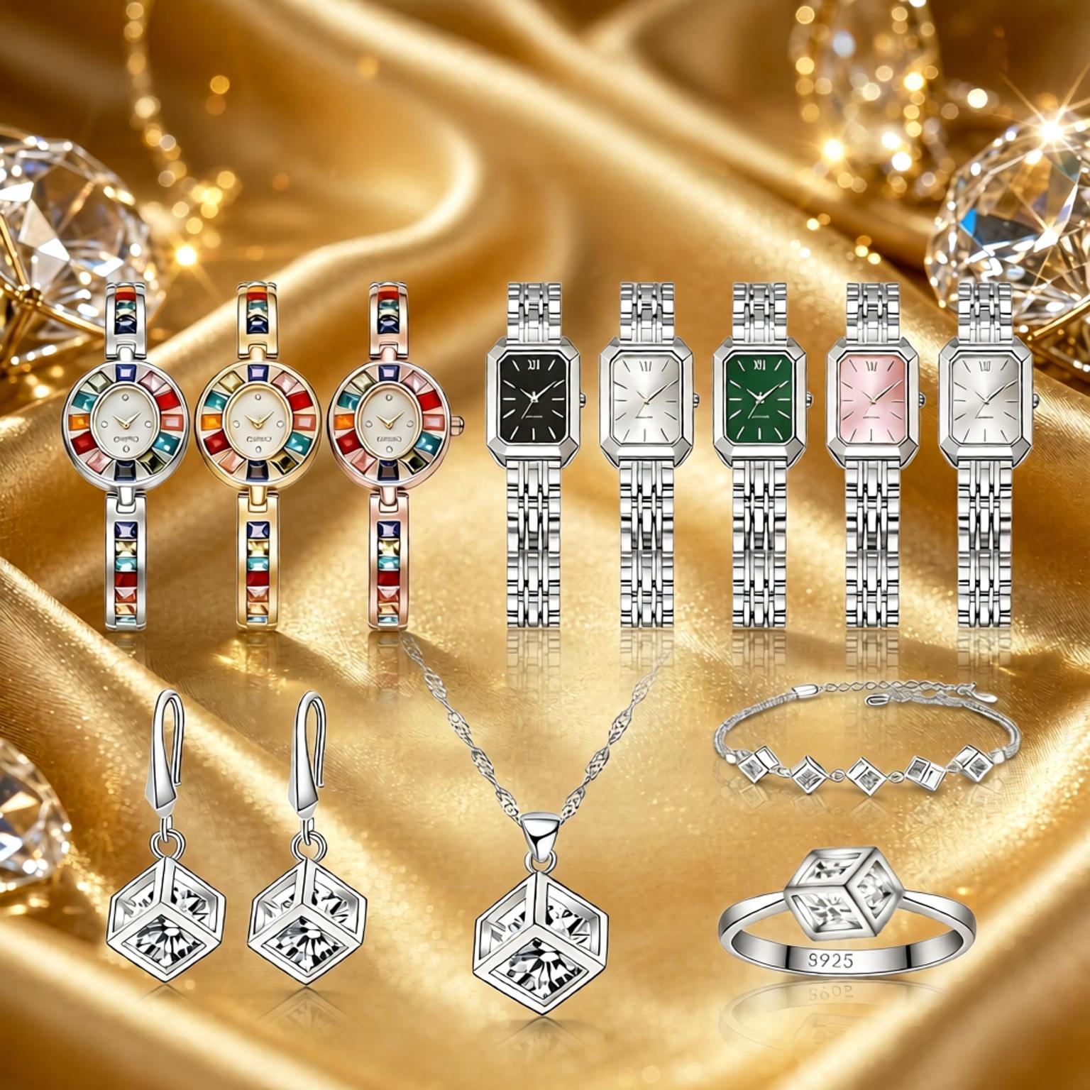 Best Jewelry Watches For Women - Exquisites 925 Sterling Silber Geometrie-Kristall-Zirkon Halskette-Ohrringe-Uhr-Set