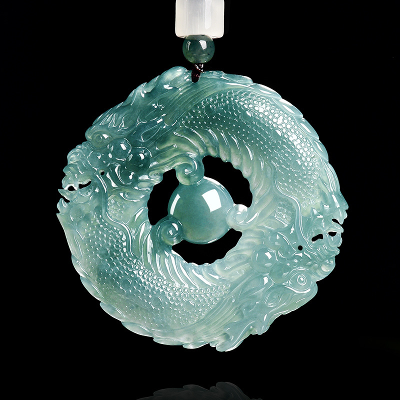 Jewelry & Watches Ltd - Natürlicher echter Smaragd, blaue Wasserjade, Doppeldrachen-Markenanhänger,