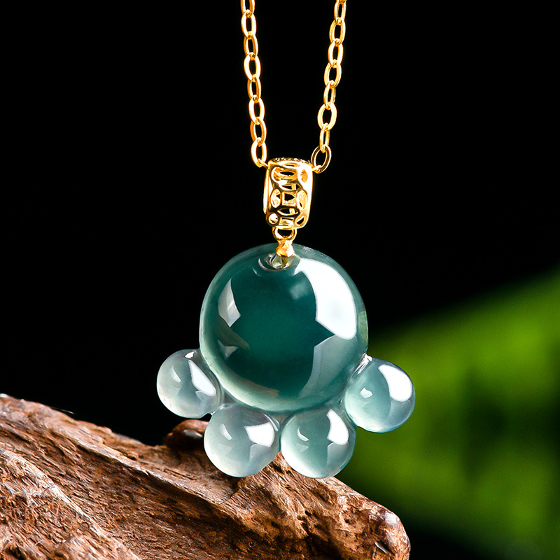 Jewelry & Watches Ltd - Natürlicher Echter Smaragd Blaue Wasserjade Katzenpfoten-Anhänger